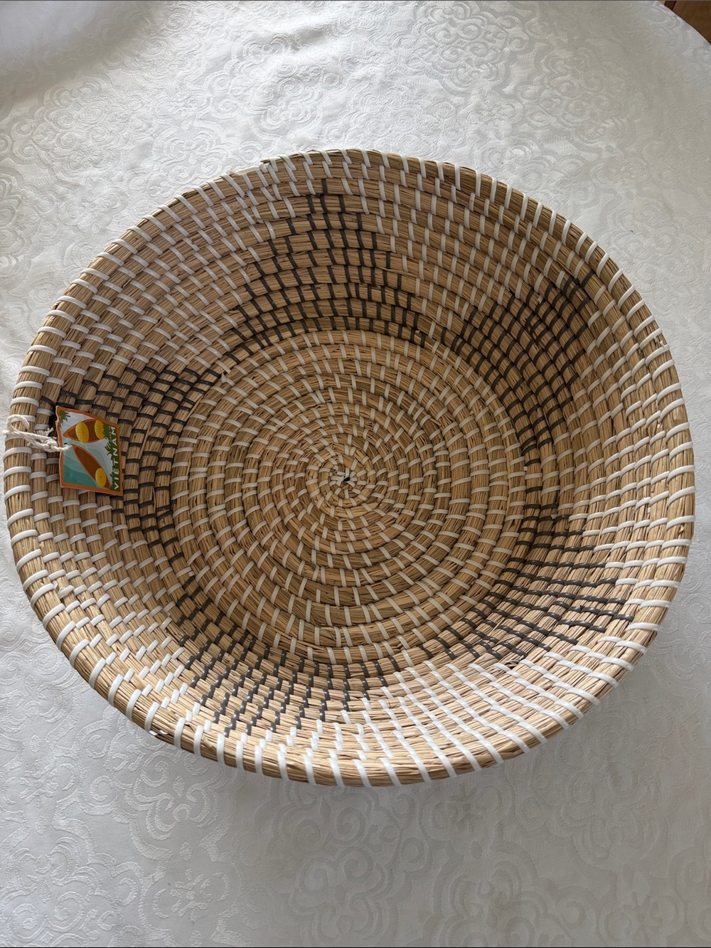 Natural Woven Basket Bowl - Tan, white & gray